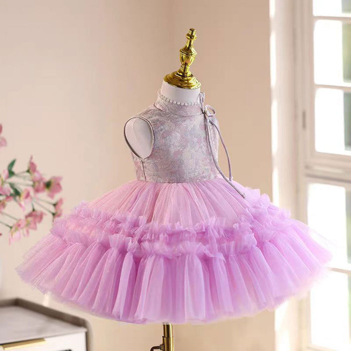 Pink style-Neck Beading Tulle Girl Dress Sleeveless J857
