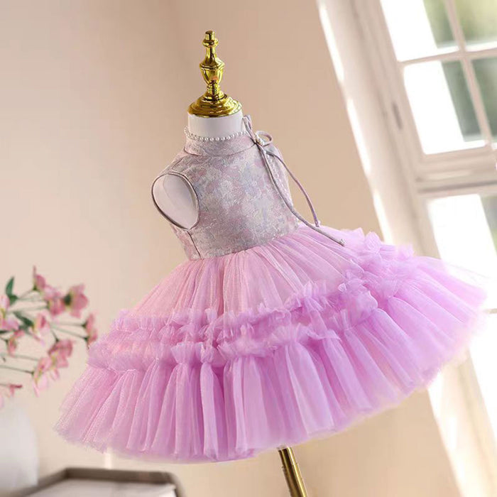 Pink style-Neck Beading Tulle Girl Dress Sleeveless J857