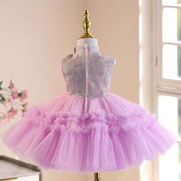 Pink style-Neck Beading Tulle Girl Dress Sleeveless J857