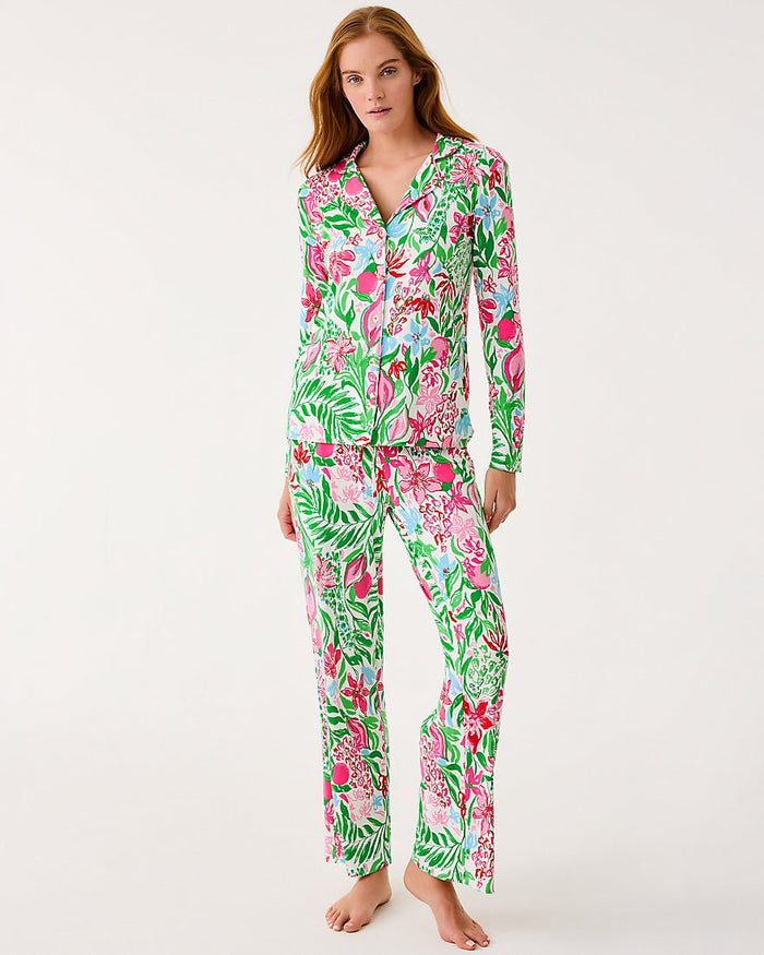 Pj Knit Long Sleeve Button Up Top - Multi Glowing Gardens