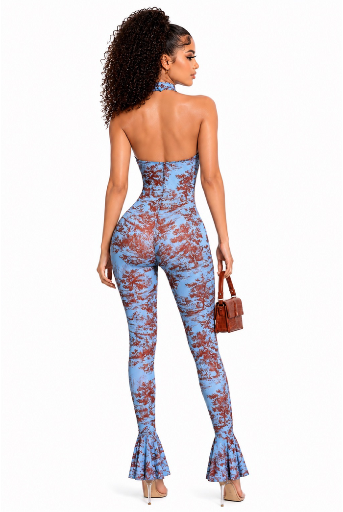 Pressure Point Jumpsuit: Printed Deep Cut Halter Flare Leg One Piece