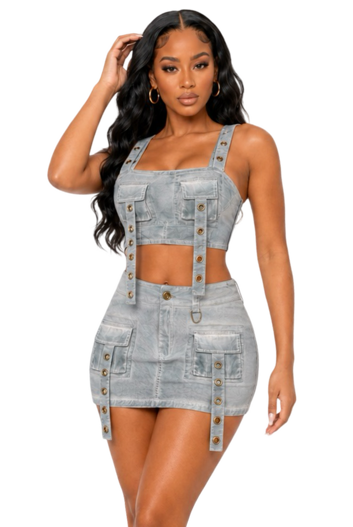 Queen Me - Matching Cargo Detail Denim Print Mini Skirt Set