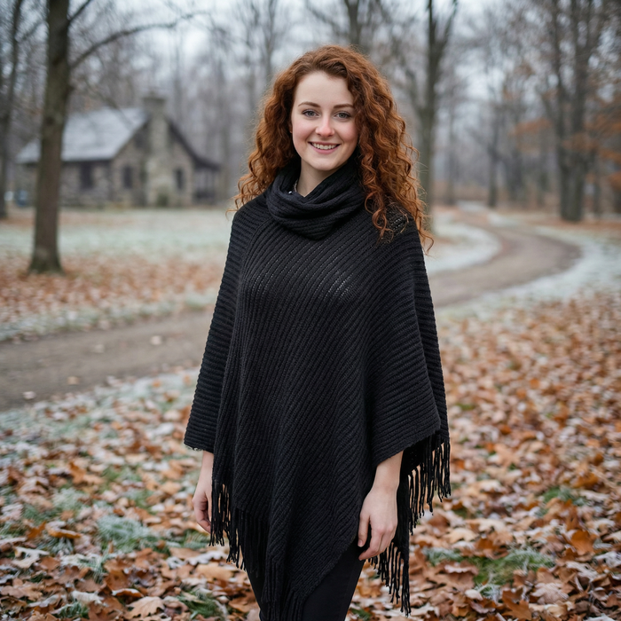 Relovo - Collared Knitted Poncho - Black