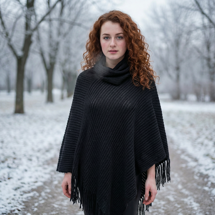 Relovo - Collared Knitted Poncho - Black