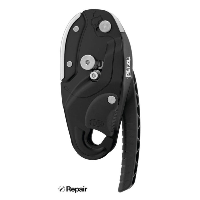 Black Rig Descender Repairable device with 'PETZL' branding on a white background