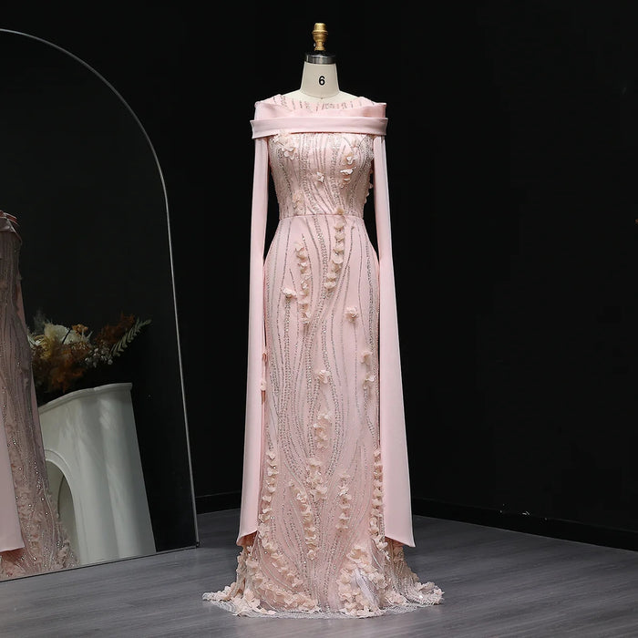 Romantic 3D Floral Evening Dress with Cape Sleeves SS272