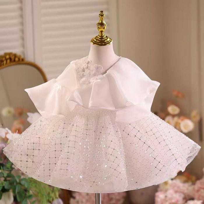 Ruffle Sequined Tulle White Flower Girl Dress Cap Sleeve D029