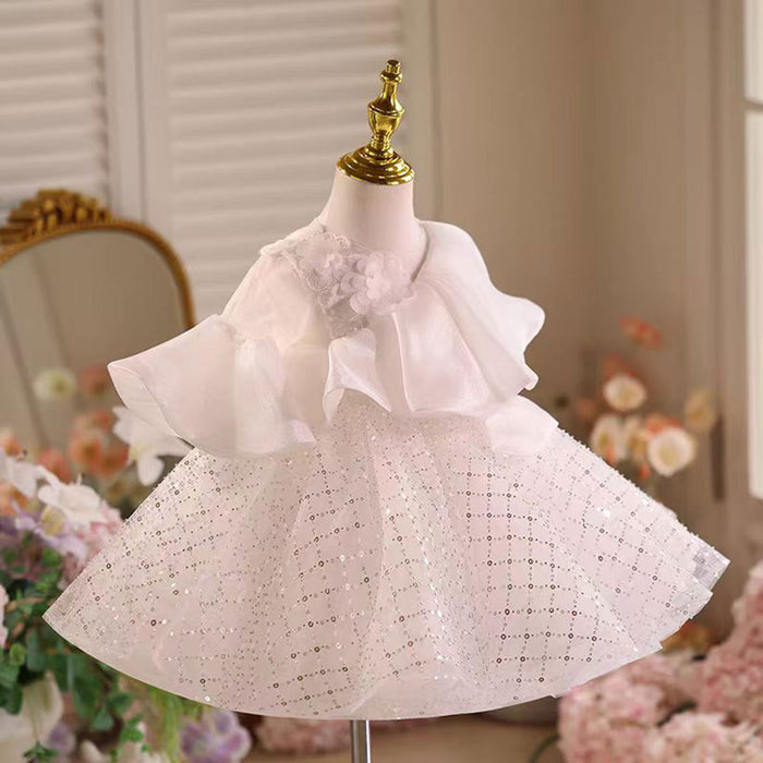 Ruffle Sequined Tulle White Flower Girl Dress Cap Sleeve D029