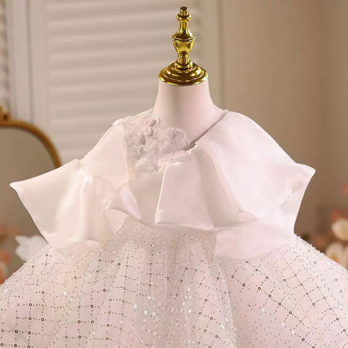 Ruffle Sequined Tulle White Flower Girl Dress Cap Sleeve D029
