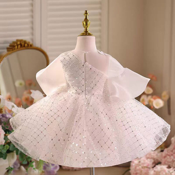 Ruffle Sequined Tulle White Flower Girl Dress Cap Sleeve D029