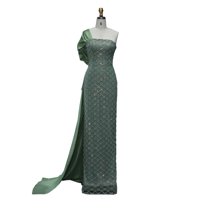 Sage Green One Shoulder Sheath Arabic Evening Dress SS626