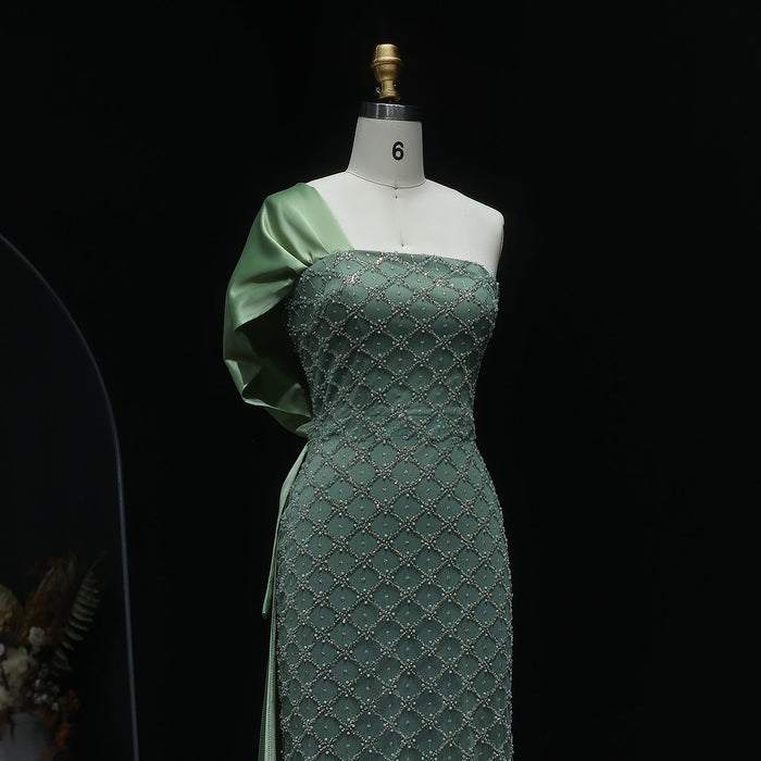 Sage Green One Shoulder Sheath Arabic Evening Dress SS626