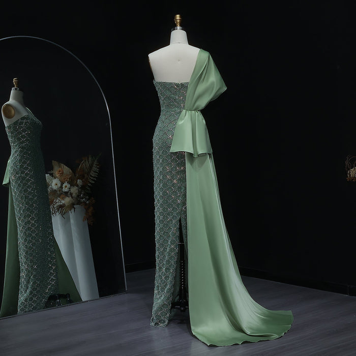 Sage Green One Shoulder Sheath Arabic Evening Dress SS626