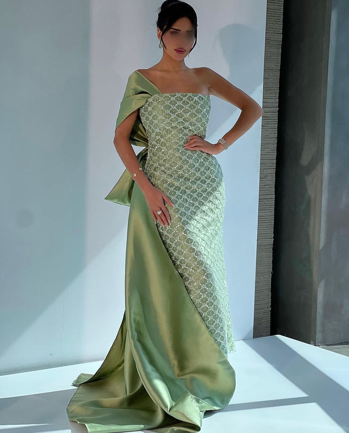 Sage Green One Shoulder Sheath Arabic Evening Dress SS626