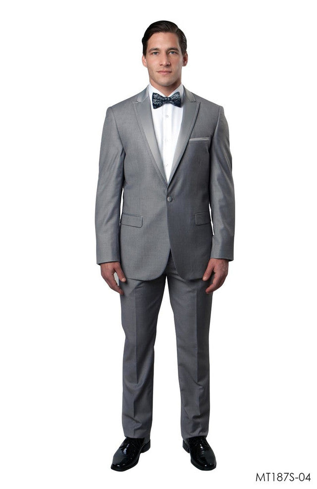 Satin Peak Lapel With Trim Grey / Grey Tuxedo 2-PC Slim Fit - Giorgio's Menswear