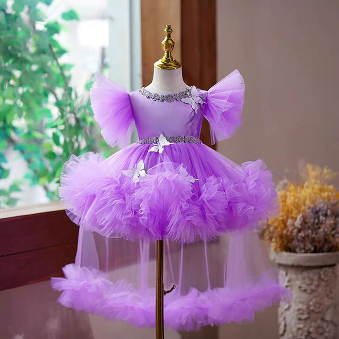 Satin Top Tulle Butterfly Applique Flower Girl Dress Pink D071
