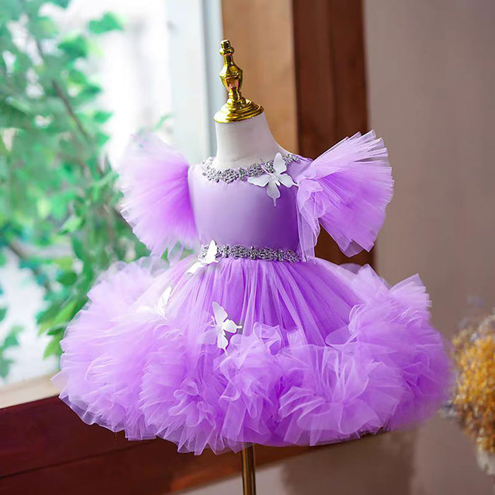 Satin Top Tulle Butterfly Applique Flower Girl Dress Pink D071