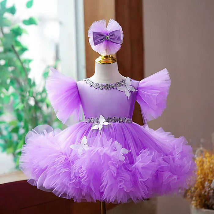 Satin Top Tulle Butterfly Applique Flower Girl Dress Pink D071