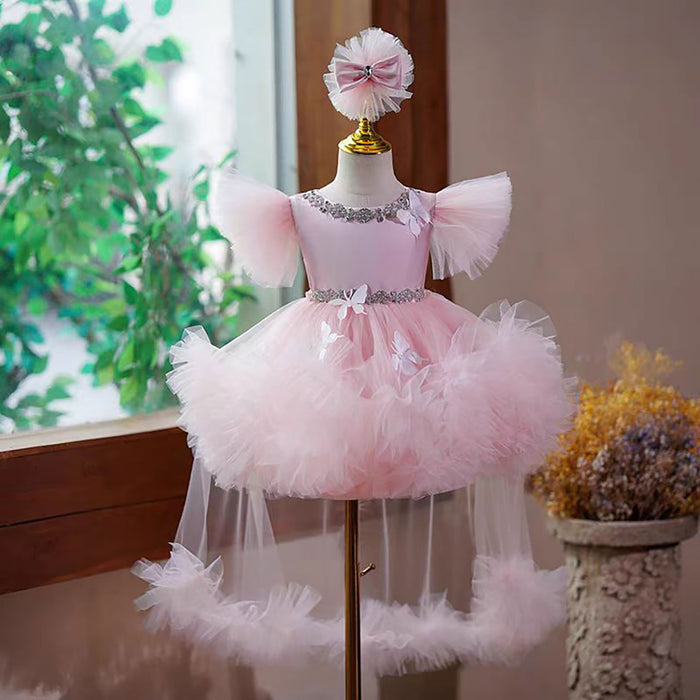 Satin Top Tulle Butterfly Applique Flower Girl Dress Pink D071