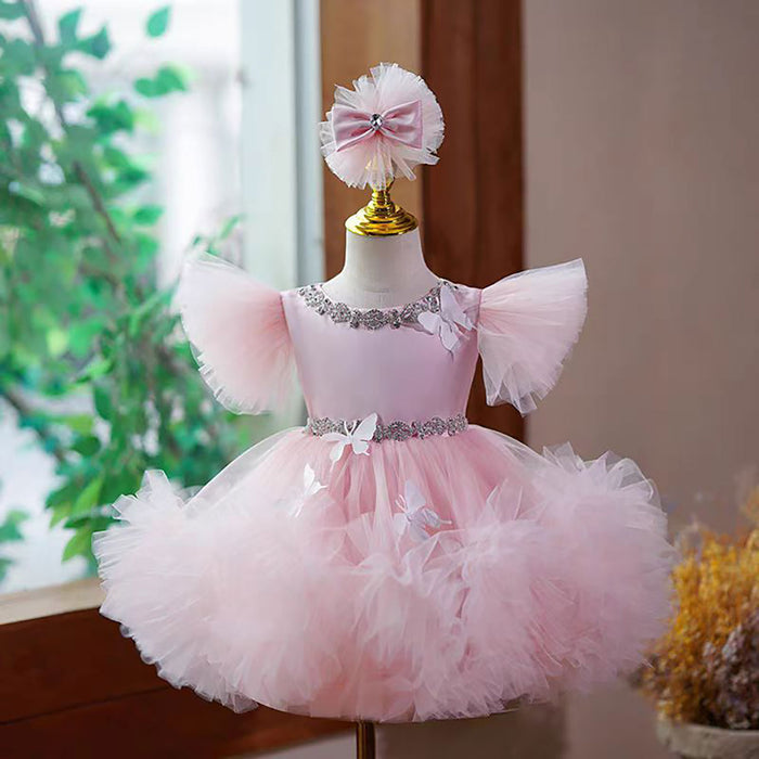 Satin Top Tulle Butterfly Applique Flower Girl Dress Pink D071