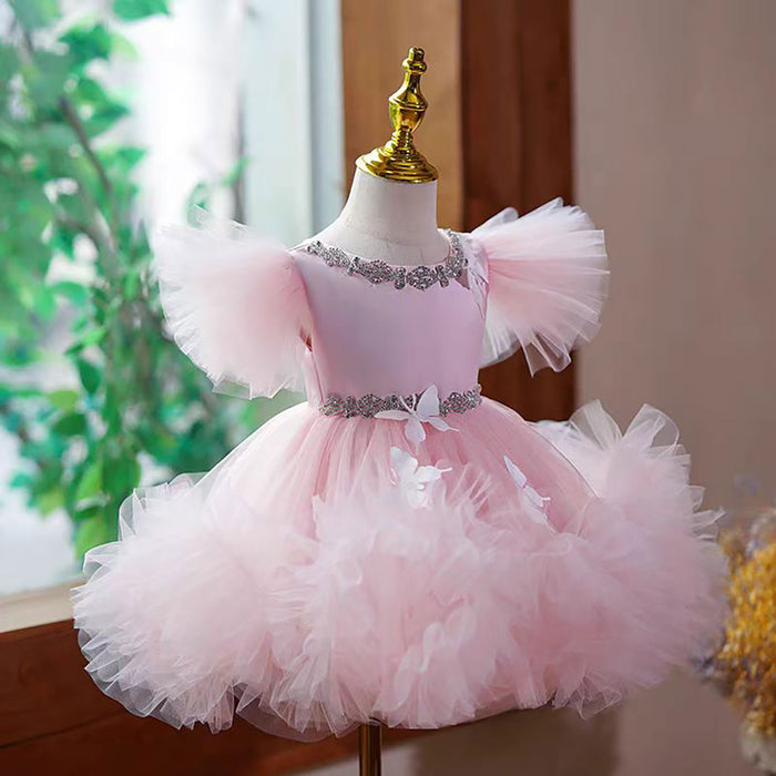 Satin Top Tulle Butterfly Applique Flower Girl Dress Pink D071