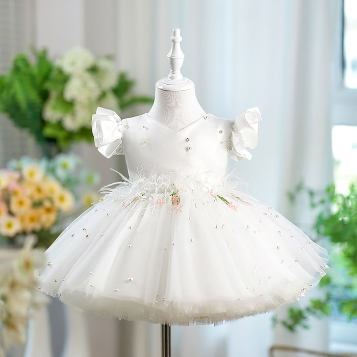 Satin Top Tulle Short Sleeves Bowed Flower Girl Dress D067