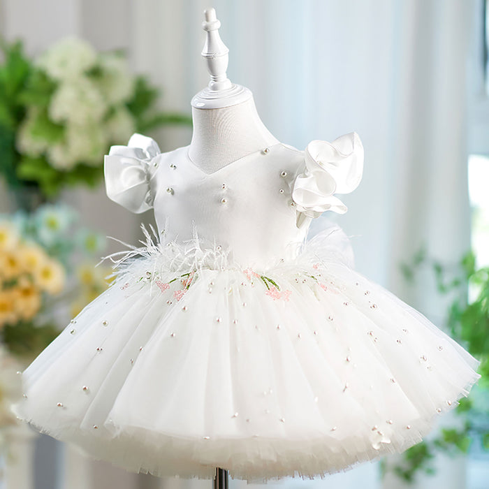 Satin Top Tulle Short Sleeves Bowed Flower Girl Dress D067