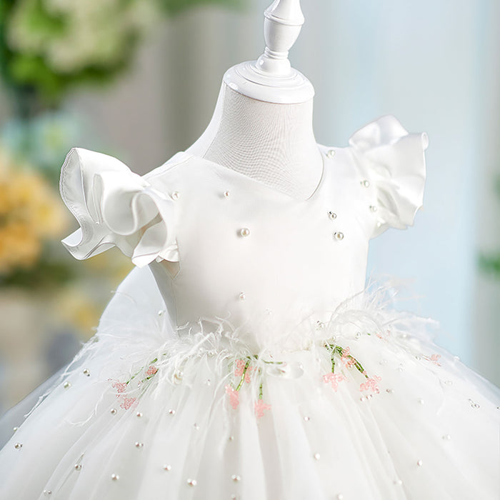 Satin Top Tulle Short Sleeves Bowed Flower Girl Dress D067