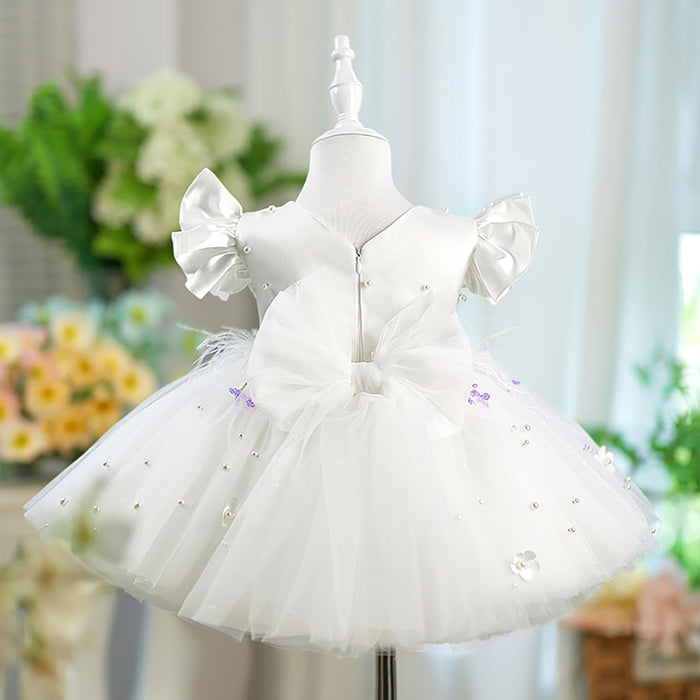 Satin Top Tulle Short Sleeves Bowed Flower Girl Dress D067
