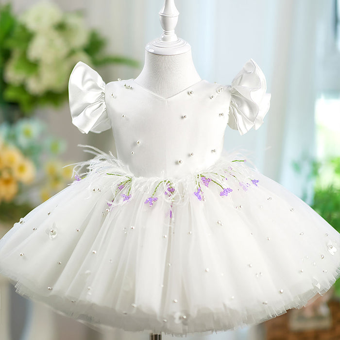 Satin Top Tulle Short Sleeves Bowed Flower Girl Dress D067