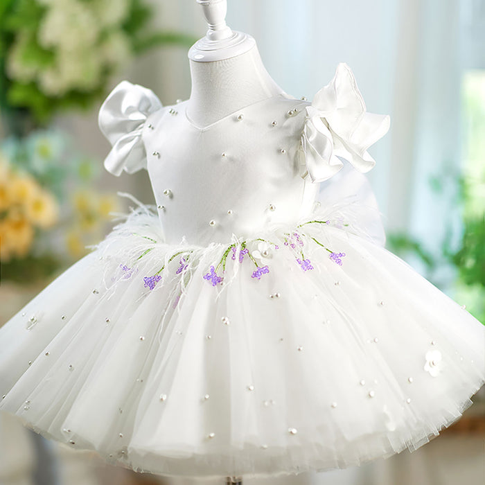 Satin Top Tulle Short Sleeves Bowed Flower Girl Dress D067