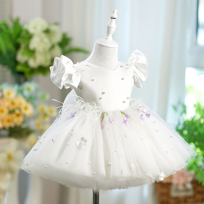 Satin Top Tulle Short Sleeves Bowed Flower Girl Dress D067