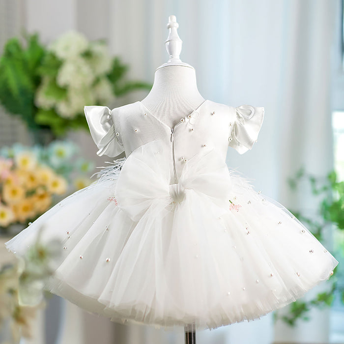 Satin Top Tulle Short Sleeves Bowed Flower Girl Dress D067