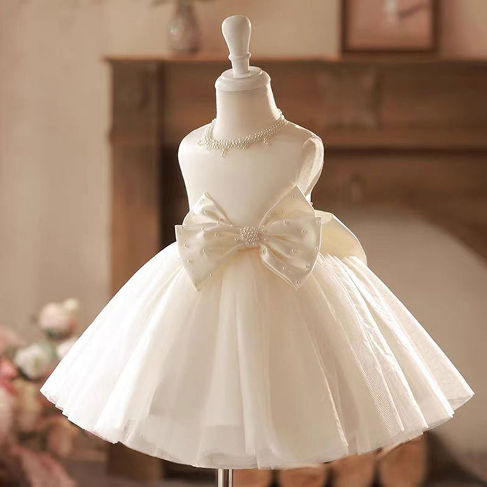 Satin Top Tulle Sleeveless Girl Dress With Pearl D024