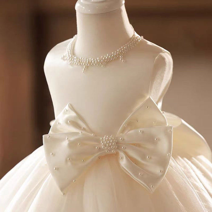Satin Top Tulle Sleeveless Girl Dress With Pearl D024