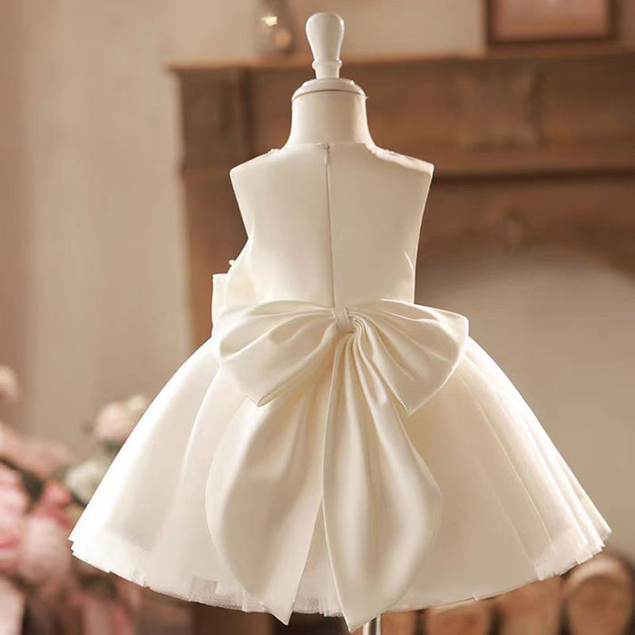 Satin Top Tulle Sleeveless Girl Dress With Pearl D024