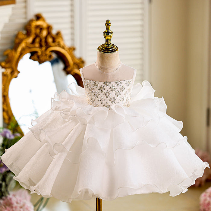 Sequined Tiered Tulle Girl Dress Bow Sleeveless J821