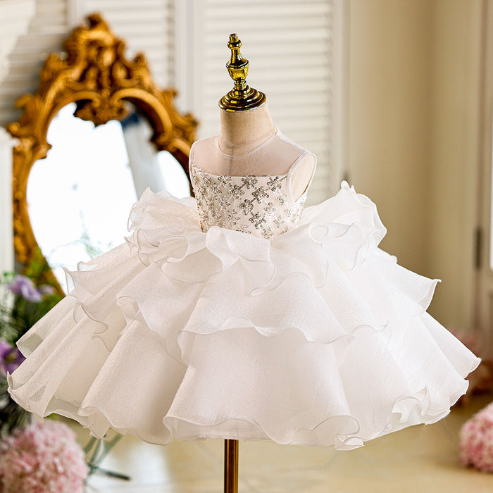 Sequined Tiered Tulle Girl Dress Bow Sleeveless J821