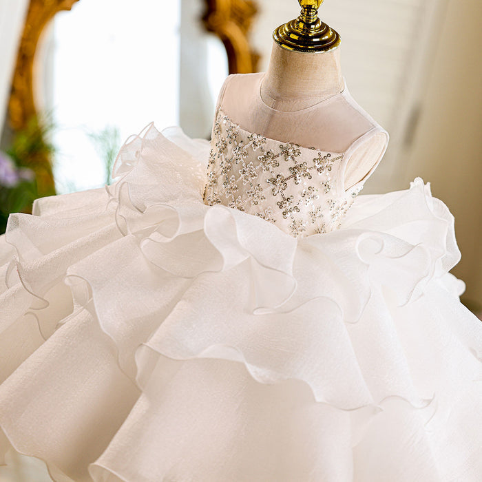 Sequined Tiered Tulle Girl Dress Bow Sleeveless J821