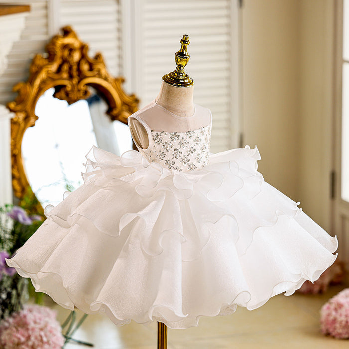 Sequined Tiered Tulle Girl Dress Bow Sleeveless J821
