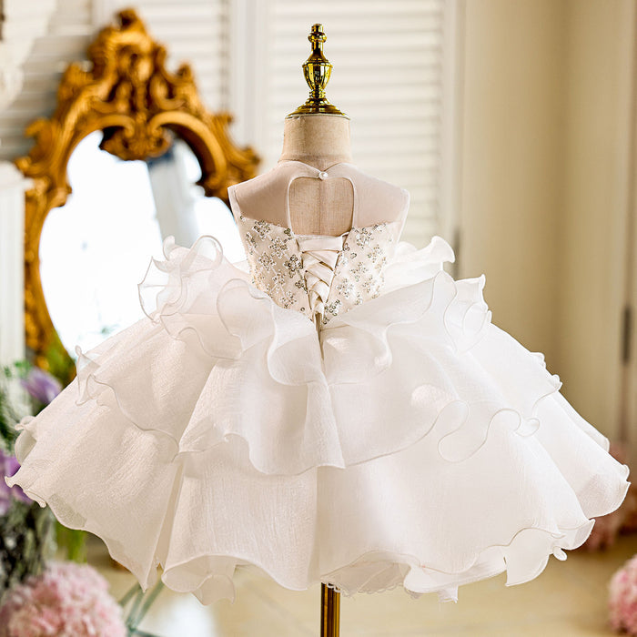 Sequined Tiered Tulle Girl Dress Bow Sleeveless J821