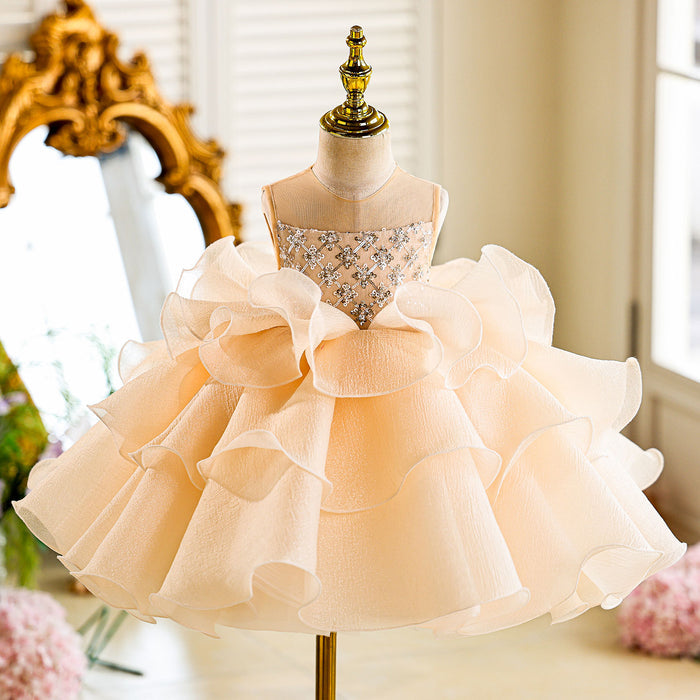 Sequined Tiered Tulle Girl Dress Bow Sleeveless J821