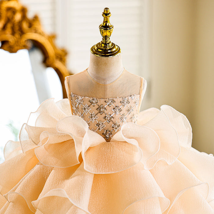 Sequined Tiered Tulle Girl Dress Bow Sleeveless J821