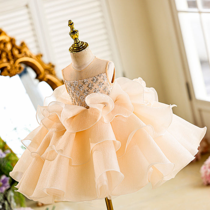 Sequined Tiered Tulle Girl Dress Bow Sleeveless J821
