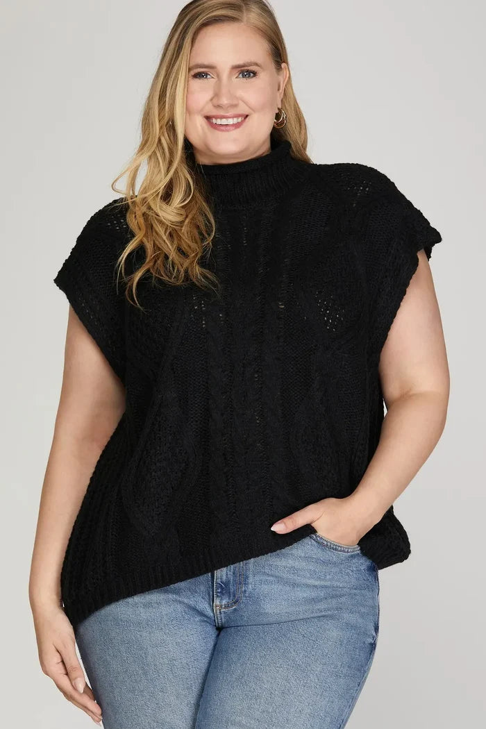 She + Sky Drop Shoulder Mock Neck Cable Sweater In Black PLUS Sizes