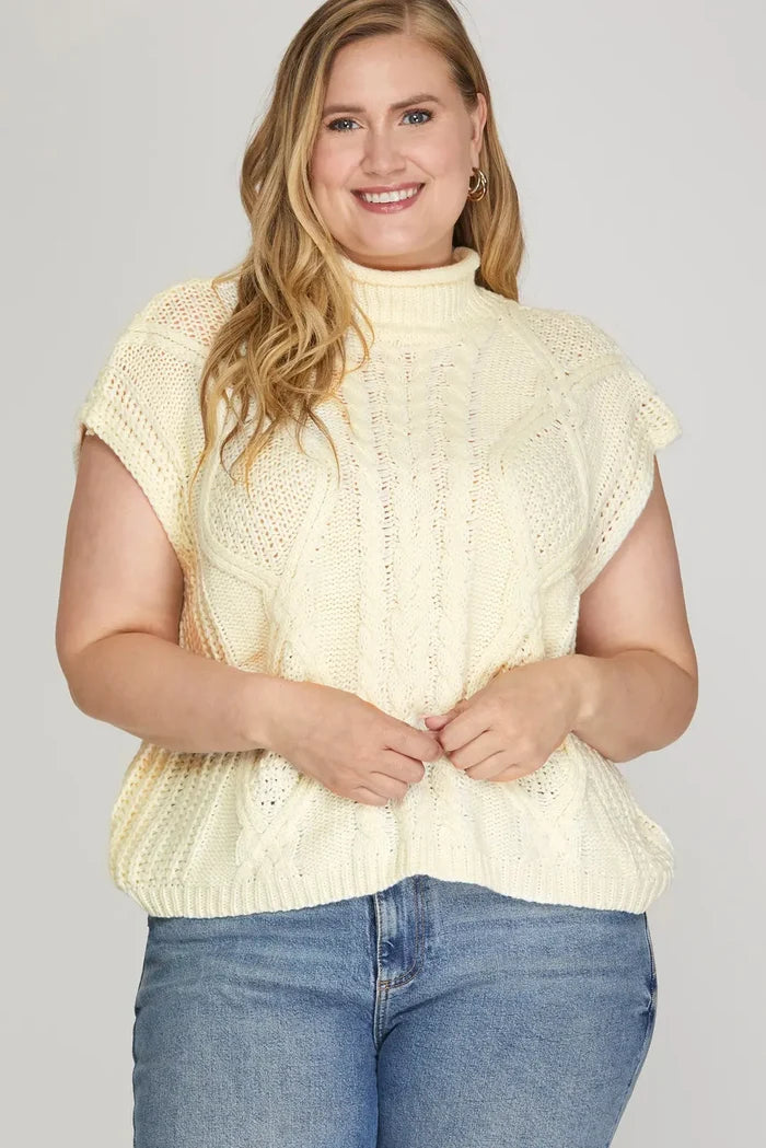 She + Sky Drop Shoulder Mock Neck Cable Sweater In Cream PLUS Sizes