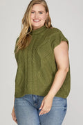She + Sky Drop Shoulder Mock Neck Cable Sweater In Olive PLUS Sizes