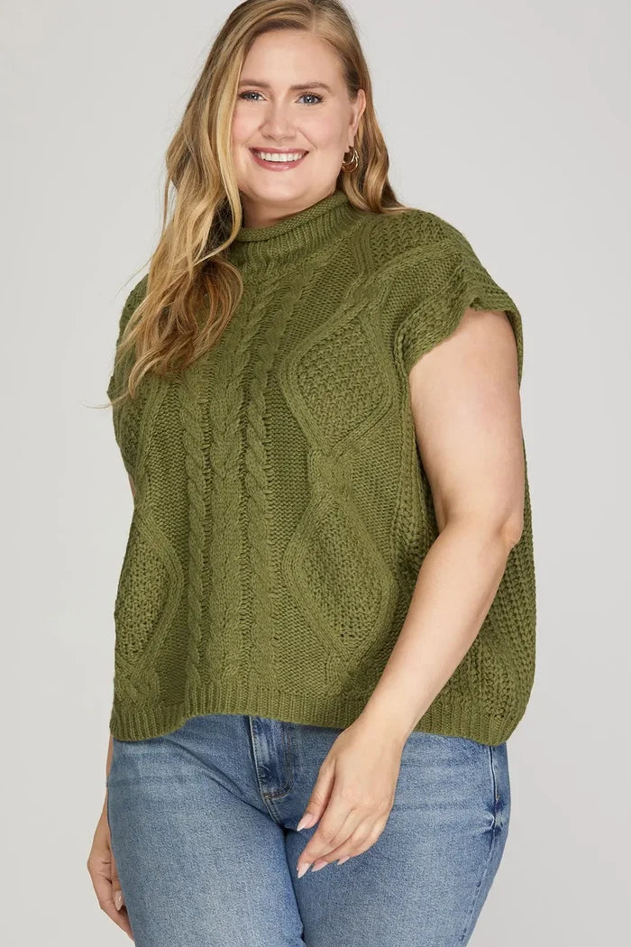 She + Sky Drop Shoulder Mock Neck Cable Sweater In Olive PLUS Sizes