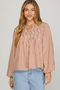 She + Sky Long Sleeve Front Tie Pintuck Top In Brick