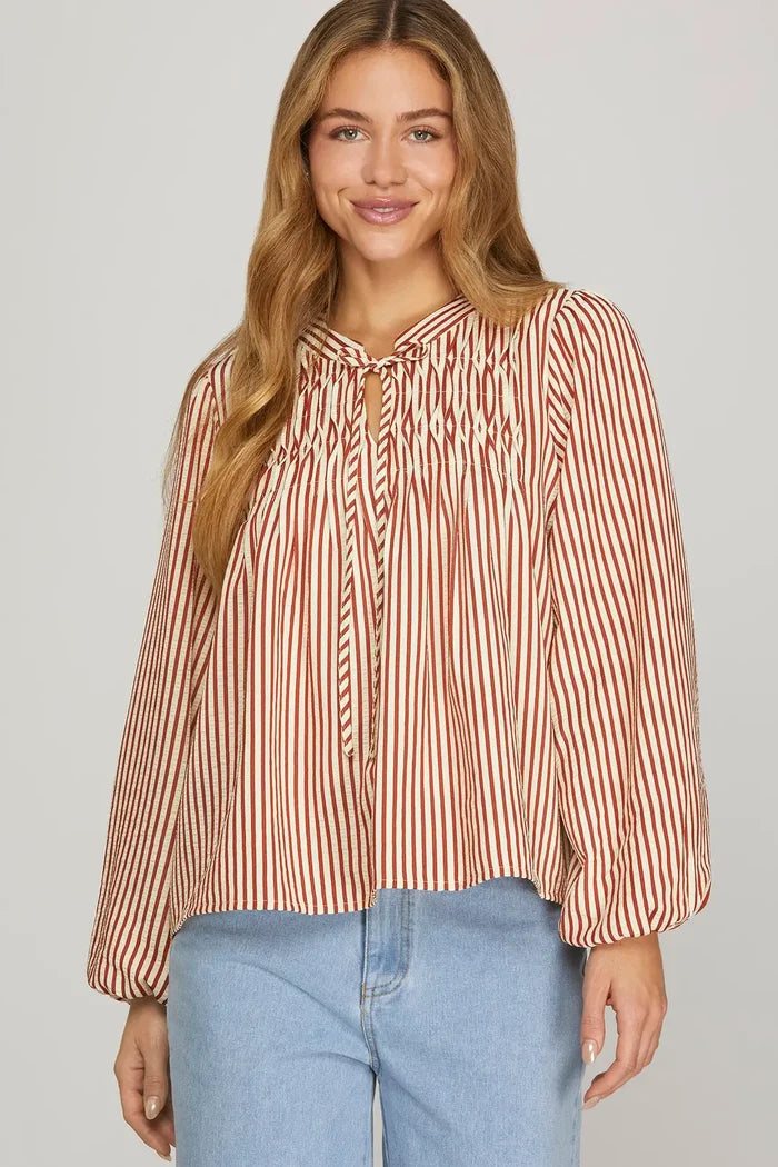 She + Sky Long Sleeve Front Tie Pintuck Top In Brick